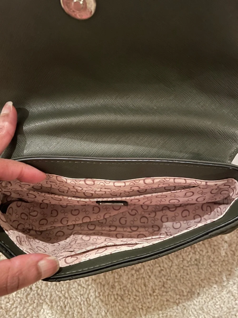 Guess Olive Green Mini Crossbody with Black, Red & White Logo Strap - Picture 9 of 13